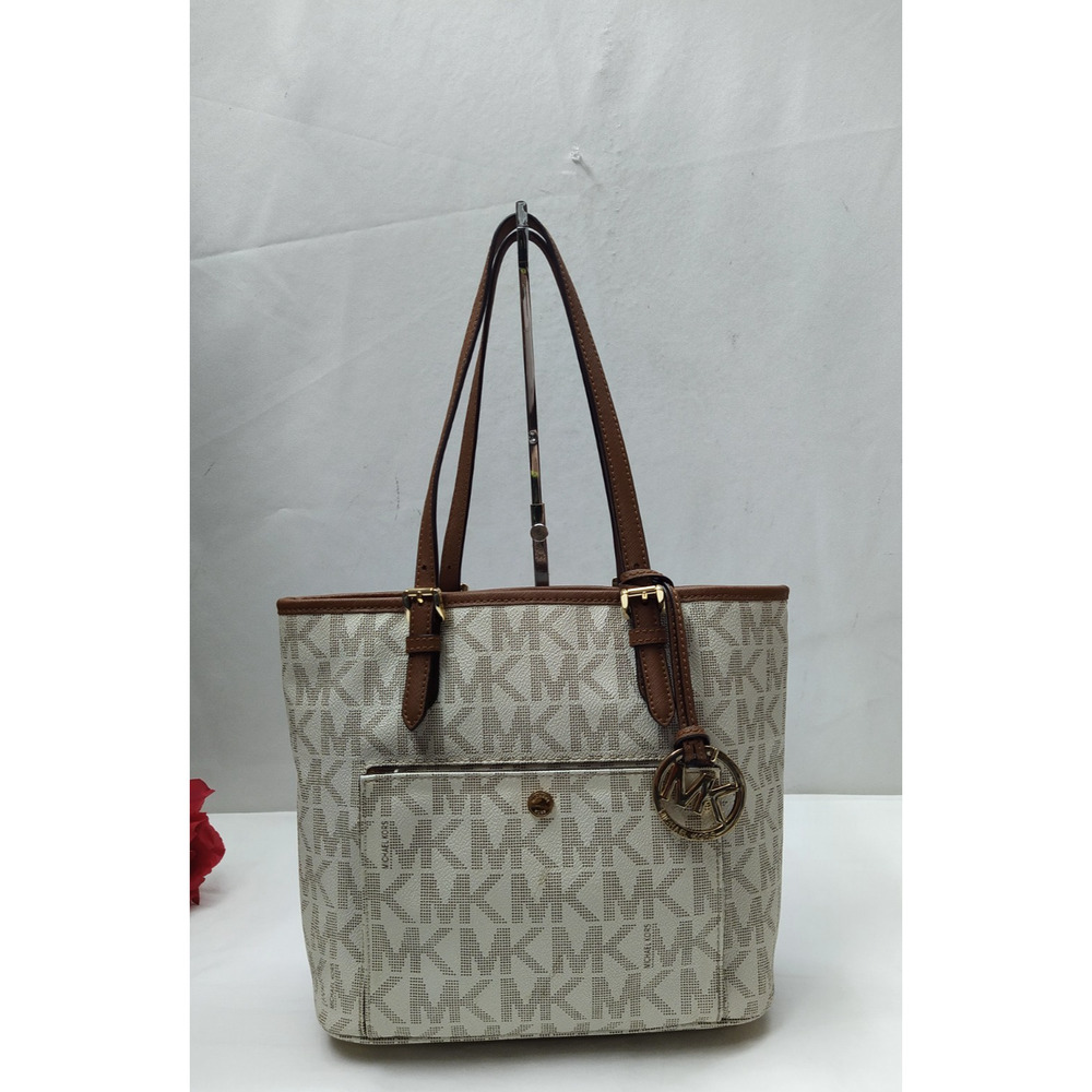 Michael Kors Jet Set Off White Leather MK Printed Double Handles Zipper Tote Bag